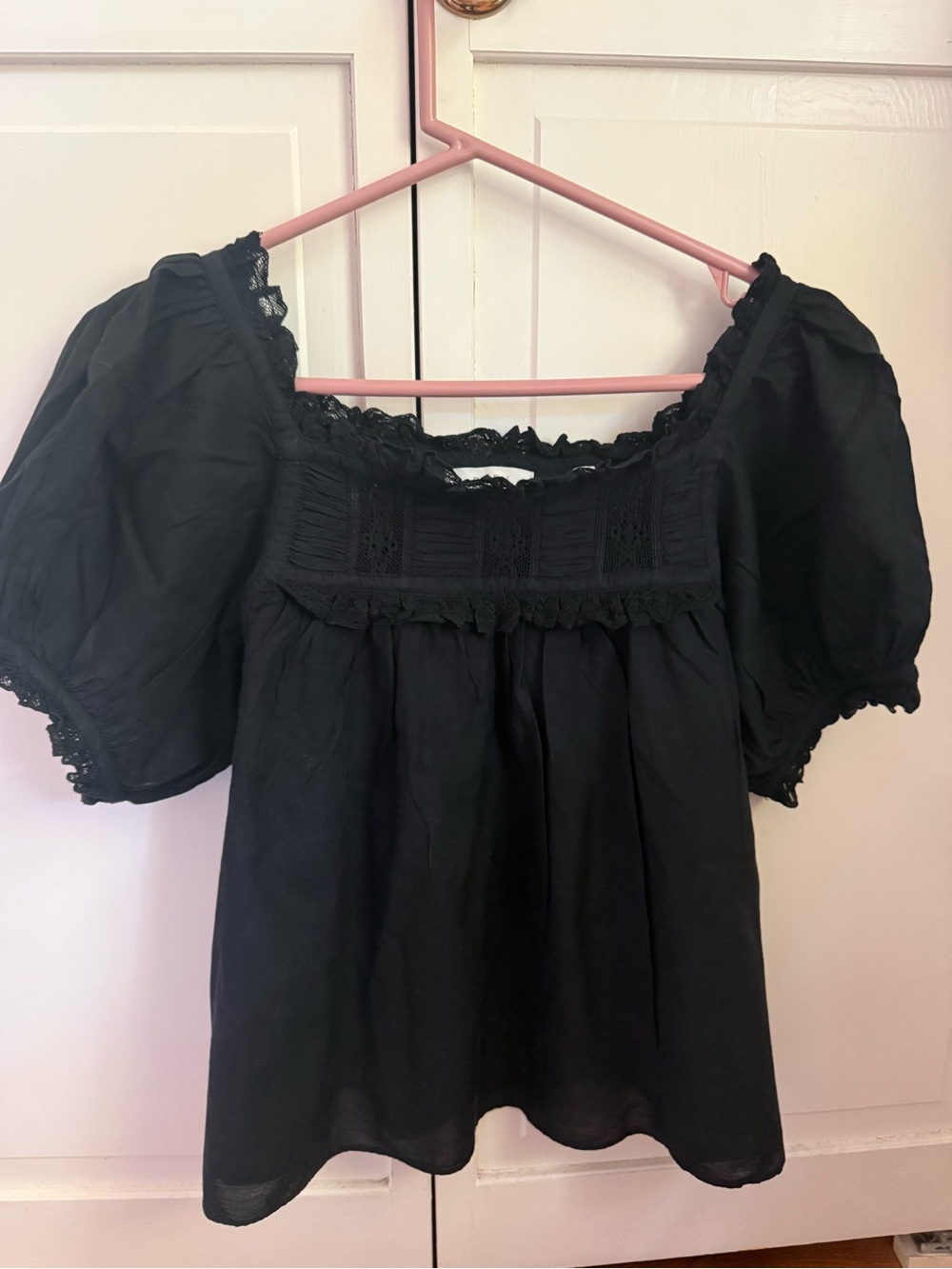 Doen Frances Black Lace-Trim Square Neck Puff Sleeve Blouse - Picture 4 of 7